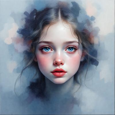 The primary subject of the image is a young woman with blue eyes, pink cheeks, and a pink lip. She is looking directly at the camera, and her hair is styled in a braid. The setting is a painting, which showcases the woman's beauty and features a blue background. The visual style is artistic, with the woman being the main focus of the image. The colors and mood of the painting are vibrant and lively, capturing the viewer's attention and evoking a